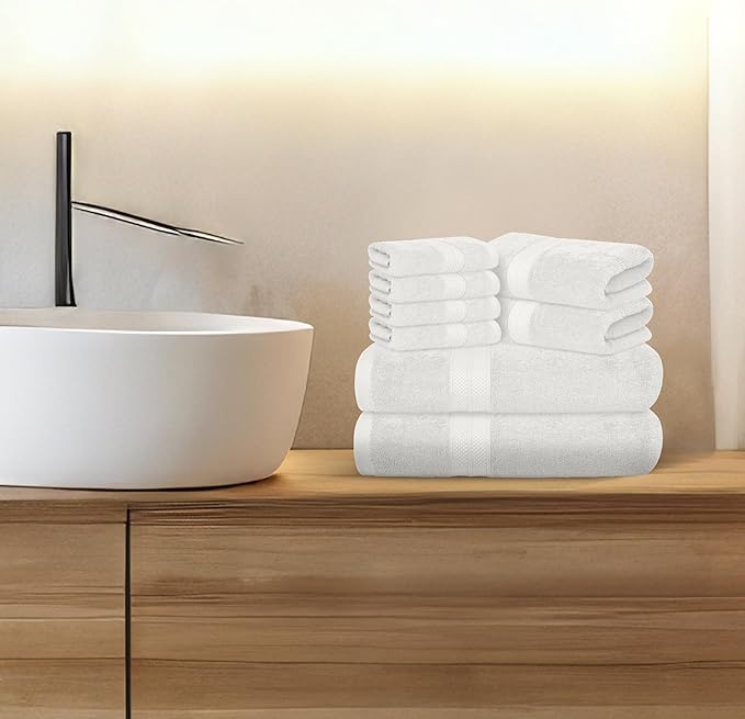 Avalon Towels Luxury 8 Piece Towels Set, 2 Bath Towels, 2 Hand Towels and 4 Washcloths, 600 GSM 100% Ring Spun Cotton Highly Absorbent Bathroom Towel Set, Ideal for Hotel, Spa and Gym (White)