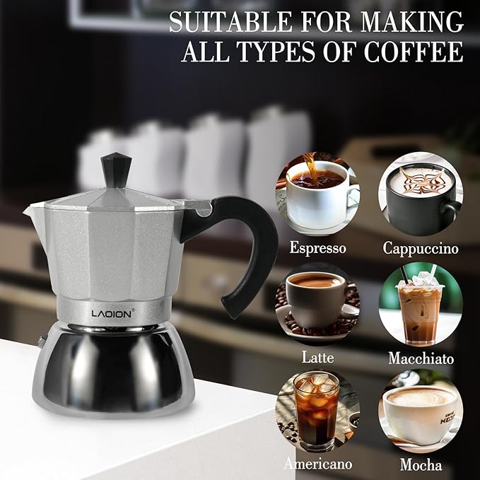 Stovetop Espresso Maker, 3Cup Moka Pot, Espresso Machine Compatible with Induction Cooktops, 150ml Stainless Steel & Aluminum Cuban Coffee Maker for Cafetera Cubana, Silver