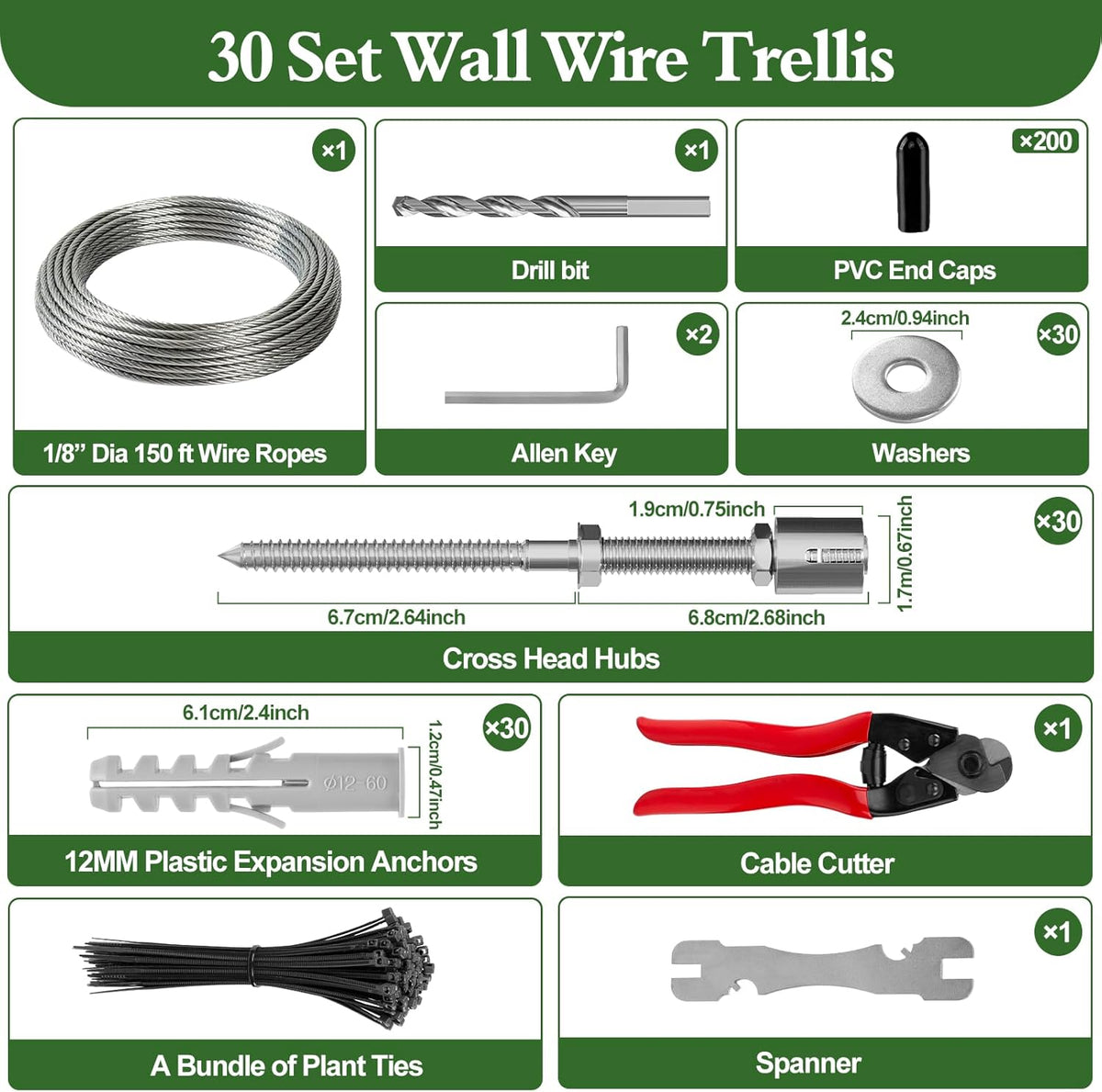 SPECILITE Wire Trellis for Climbing Plants Outdoor, 30-Set T316 Stainless Steel Kit, 1/8in x 150ft Ropes with Cable Cutter, Espalier System for Fence Wall and Garden DIY