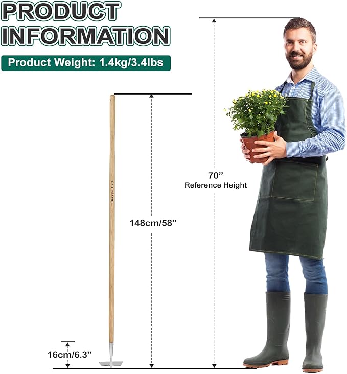 Berry&Bird Flat Edge Garden Hoe, 58'' Hoes Garden Tool with Long Wood Handle, Stainless Steel Weeding Hoe, Heavy Duty Weeder Hoe Tool for Gardening Digging Soil Loosening, Edging & Cultivating