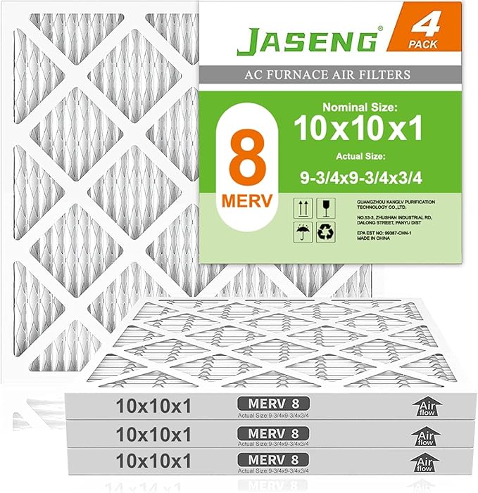 10x10x1 Furnace Air Filters 4 Pack, MERV 8 MPR 600 & FPR 5 Filtering, HVAC Air Filter Replacement (exact dimensions: 9 3/4"x9 3/4"x3/4")