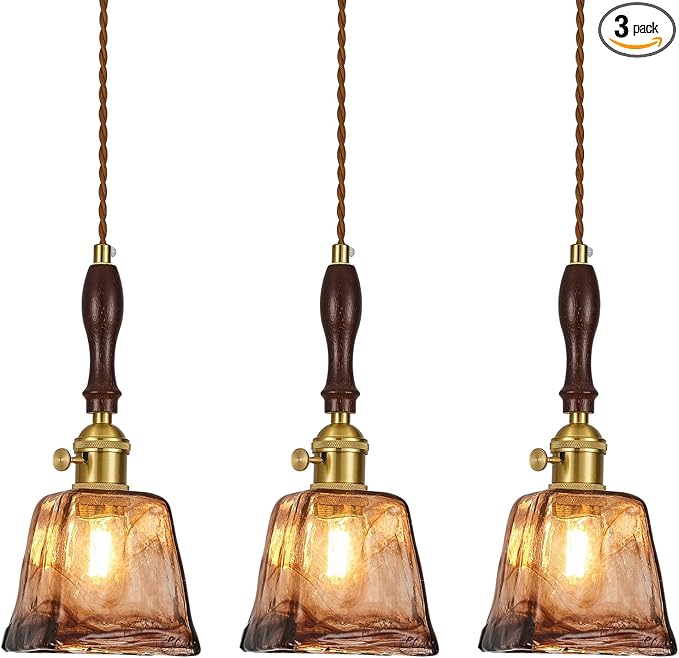 Brown Glass Vintage Pendant Light 4.33" Handmade Glass Pendant Lights Kitchen Island Gold Hanging Light Fixture for Bedroom Dining Room Hotel (3 Pack)