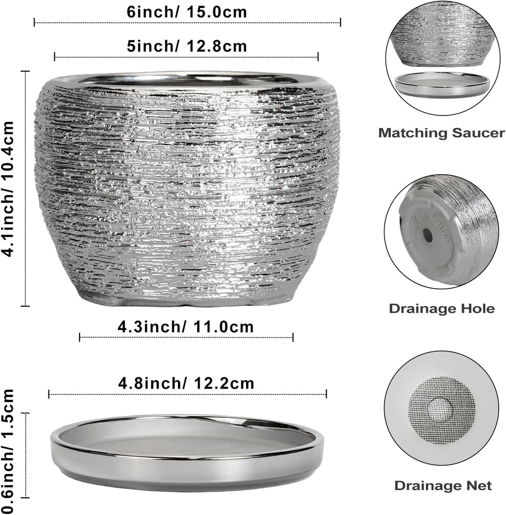 SQOWL Ceramic Plant Pots - 6 Inch Planter for Indoor Outdoor Plants, Modern Round Flower Pots with Drainage Hole and Saucer, Decorative Small Planter, Office Decor, Gifts for Women Men, Silver