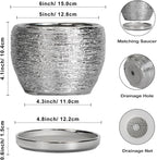 SQOWL Ceramic Plant Pots - 6 Inch Planter for Indoor Outdoor Plants, Modern Round Flower Pots with Drainage Hole and Saucer, Decorative Small Planter, Office Decor, Gifts for Women Men, Silver