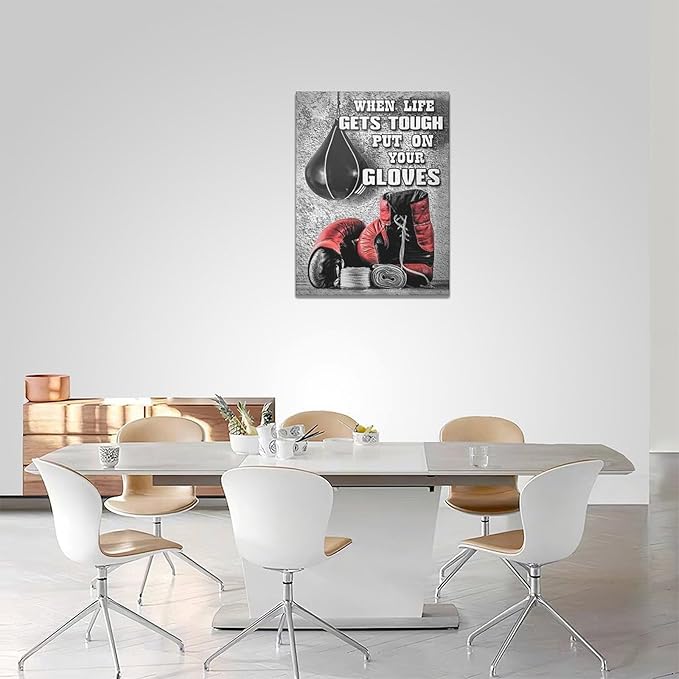 Boxing Posters Wall Art Red Boxing Gloves Pictures Wall Decor Black And White Inspirational Quotes Canvas Prints Painting Artwork Sports Canvas Home Decorations For Teen Boys Room Dorm Bedroom 12"x16"