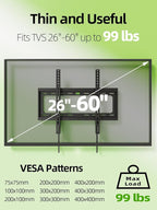 USX Mount Tilting TV Wall Mount Bracket Low Profile for Most 26"-60" LED, LCD, Flat Television, TV Bracket Tilt Mount for VESA 400x400mm- Up to 99lbs, Quick Lock and Release Fits 12" 16" Stud