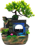 Tabletop Waterfall Fountain – 11 in Rockery Humidifier with Color-Changing LED Light, Adjustable Pump & Faux Bonsai Tree, Resin Indoor Desk Fountain Décor for Bedroom, Office, Aquarium, Meditation