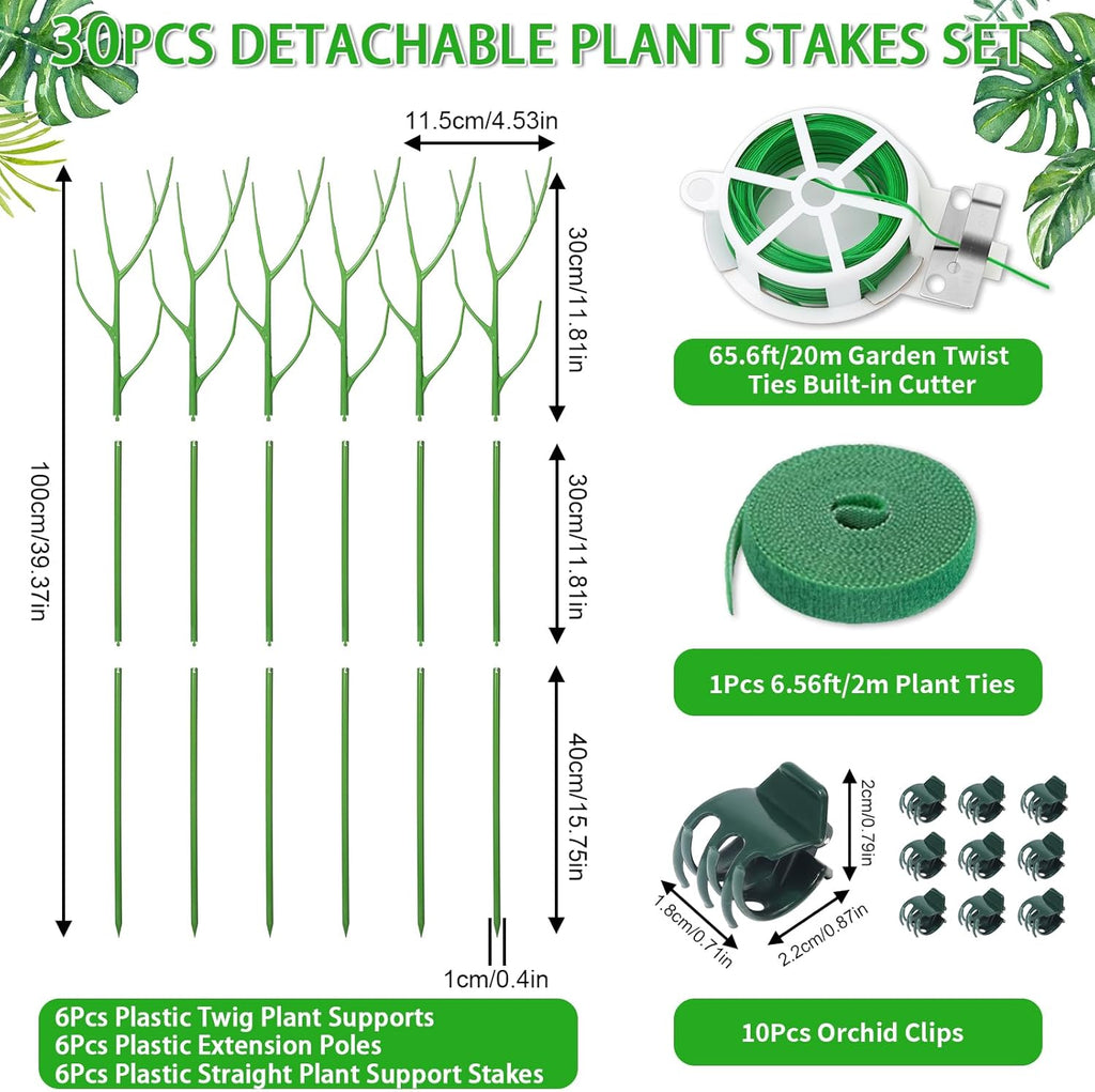 6 Pack 39.37" Detachable Twig Plant Support Stakes Set, Blends in to Plant, Branch Plant Sticks with Orchid Clips Twist Plant Ties, Twig Trellis for Indoor Outdoor Plants Potted Plants Flower