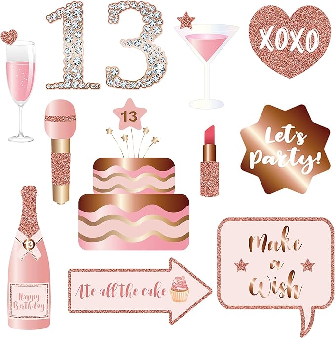 13th Birthday Party Photo Booth Props and Signs, Rose Gold 13 Birthday Party Selfie Props Kit with Sticks for Girls, Thirteen 13th Happy Birthday Party Decorations Supplies Favors