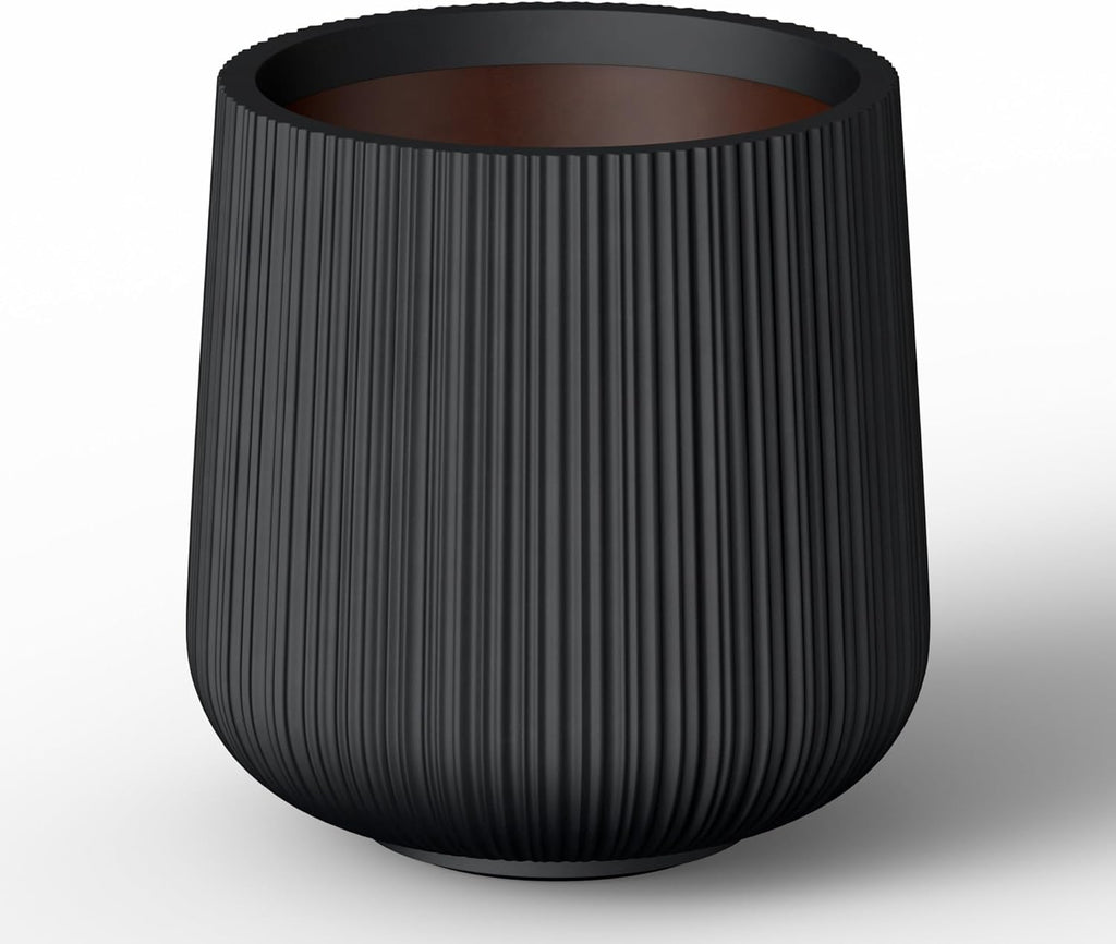 Kante 13.0" Dia Round Fluted Concrete Planter, Large Plant Pot with Drainage, Smooth Black Finish with Warm Brown Interior, for Indoor and Outdoor Use