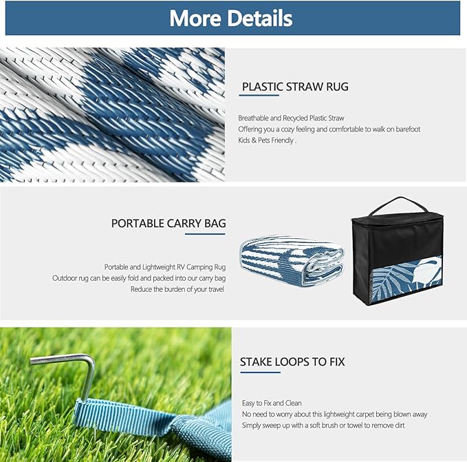 Waterproof Outdoor Rug 6x9 ft, Reversible Plastic Straw Mat with Leaf Pattern, Large Floor Mat for Patio, Camping, Picnic, Backyard RV, Deck, Blue