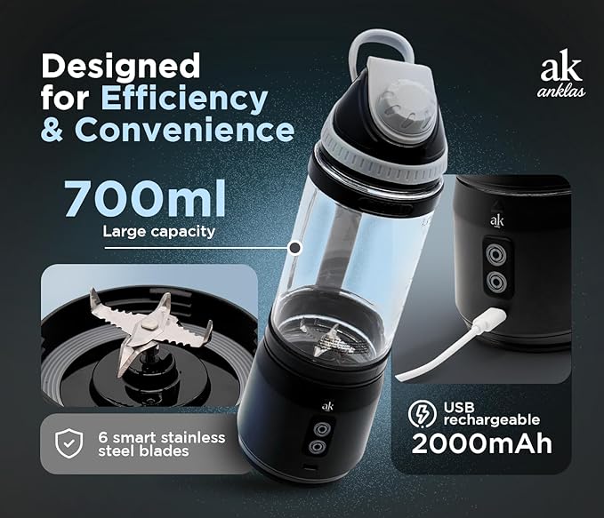 Rechargeable Smoothie Blender 700ml – Portable Mini Travel Blender for Shakes and Smoothies with Six Stainless Steel Blades and USB Charging.