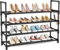 4 Tier Shoe Rack, Shoe Organizer Storage for 16-20 Pair Boot and Sneaker, Stackable Free Standing Shoe Shelf with Hooks and Side Pocket, Space Saving Shoes Rack for Closet, Entryway