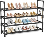4 Tier Shoe Rack, Shoe Organizer Storage for 16-20 Pair Boot and Sneaker, Stackable Free Standing Shoe Shelf with Hooks and Side Pocket, Space Saving Shoes Rack for Closet, Entryway