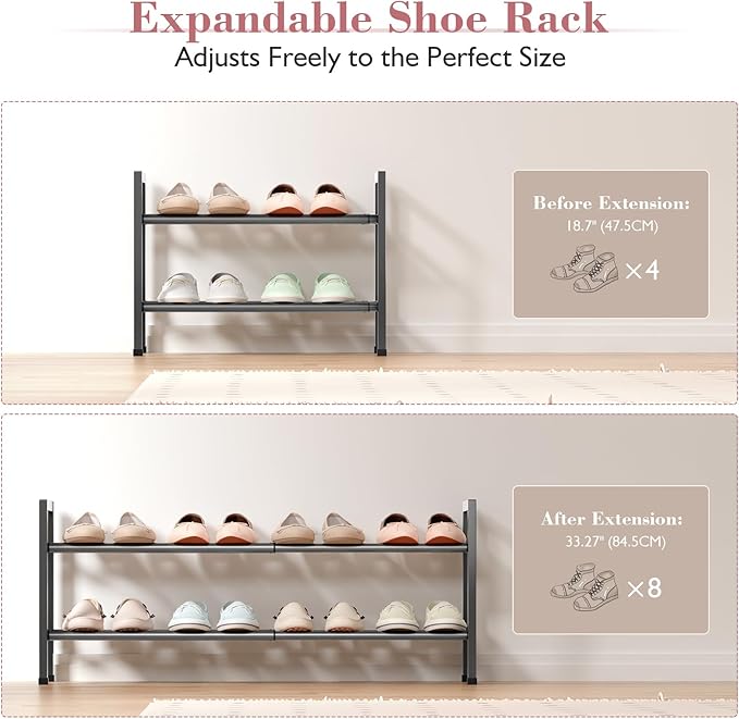 Bumusty 2-Tier Expandable Shoe Rack for Closet, 18“-33” Adjustable Shoe Rack for Small Space, Small Shoe Organizer for Front Door, Sturdy Metal, Gray