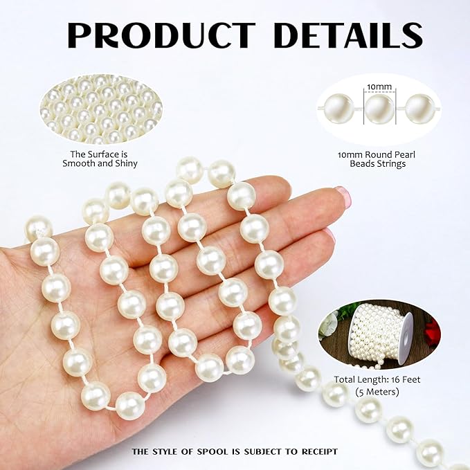 16 Feet 10mm Pearl Strings Garland for Crafts, Artificial Pearl Beaded Trim Chain Roll Strands for Wedding Centerpieces Bouquet Party Decoration Christmas Tree Garland, Ivory