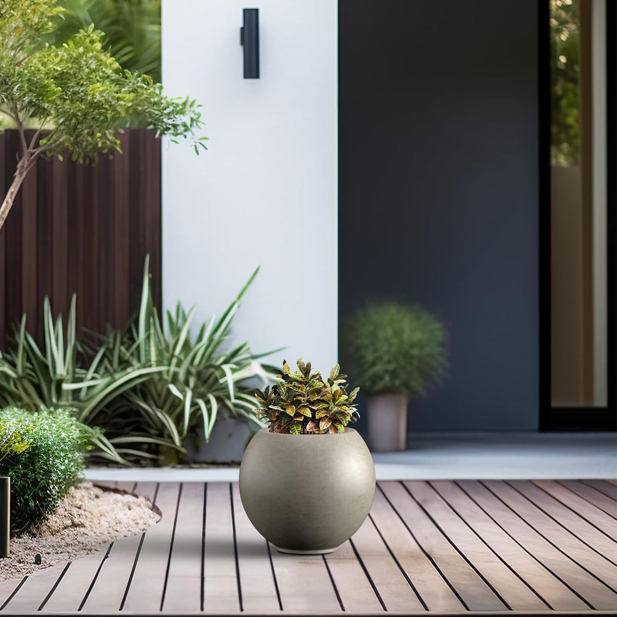 Kante Round Concrete Flower Pot, 11 Inch Dia (7.9" Opening) Sphere Shape Design Planter with Drainage Hole for Indoor & Outdoor Plants, Weathered Concrete Finish with Warm Brown Interior