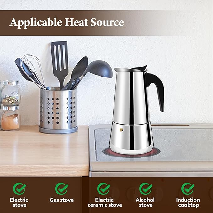 9 Cup Moka Pot Percolator Italian Coffee Maker 450ml Stovetop Espresso Mocha Stainless Steel Greca Coffee Maker Classic Cafe Makers Suitable for Induction Cookers Ceramic Stoves Straight