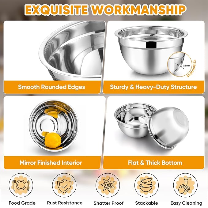 TeamFar Mixing Bowl Set of 5, 4.5/3/1.5/1/0.7 QT, Stainless Steel Metal Nesting Salad Bowl with Lid Set, Ideal for Mixing Serving, Non-Toxic & Sturdy, Airtight Lid & Easy Clean, Black