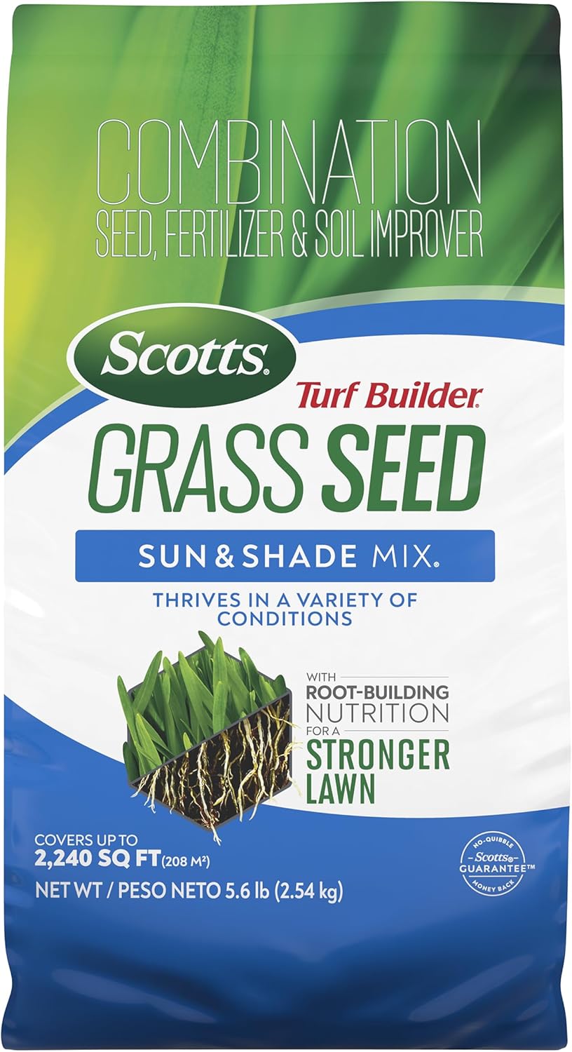 Scotts Turf Builder Grass Seed Sun & Shade Mix with Fertilizer and Soil Improver, Thrives in Many Conditions, 5.6 lbs.