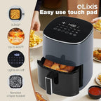 OLIXIS Air Fryer 6 Quart with Window Square Air Fryer 12-in-1 Air Fry, Roast, Reheat, Dehydrate, Bake, Steam, Fries, Custard, Chicken, Wings, Sea Food, Vegetabels,400F Grey