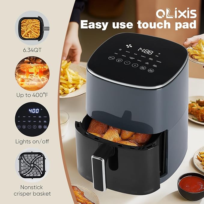OLIXIS Air Fryer 6 Quart with Window Square Air Fryer 12-in-1 Air Fry, Roast, Reheat, Dehydrate, Bake, Steam, Fries, Custard, Chicken, Wings, Sea Food, Vegetabels,400F Grey