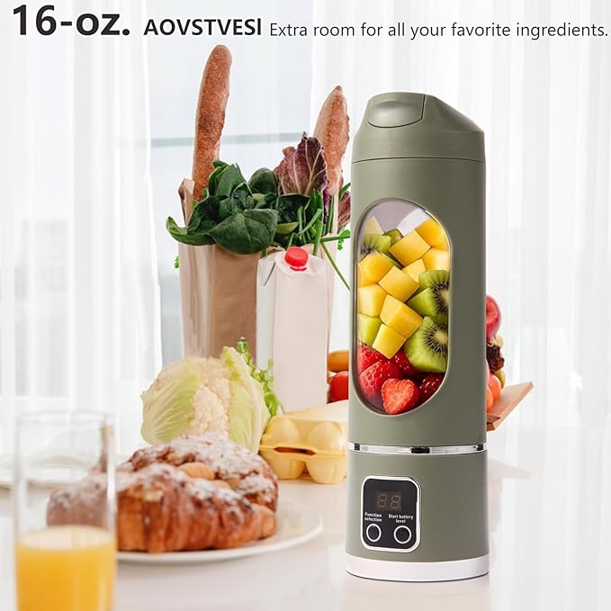 Portable Personal Blender, USB Rechargeable for Smoothie Shakes, with 12 Stainless Steel Blades & 16 Oz/450ML Cup and Extra Handle Lid, for Travel Sports Gym (Green)