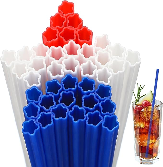120 Pcs Plastic Straws Red Blue White Star Shaped Straws Patriotic Disposable Drinking Cute Straw for Veterans Day 4th of July Independence Day Party Beverage Cocktail Remembrance Supplies