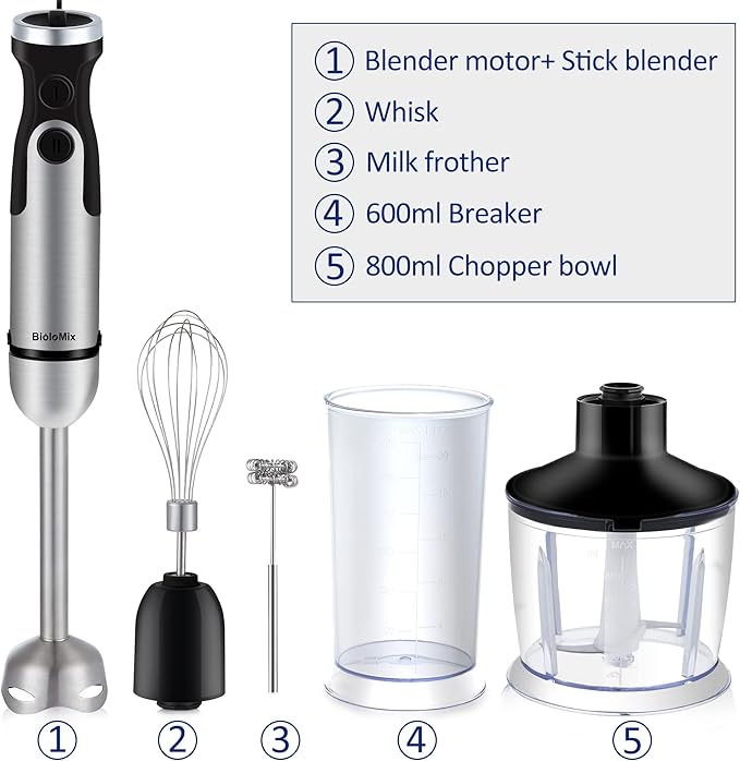 BioloMix Hand Blender 5 in 1 Immersion Blender 1000W, 6 Speed With Turbo Mode hand blenders immersion Stainless Steel Blade With 800ml Chopper, 600ml Mixing Beaker, Whisk and Milk Frother