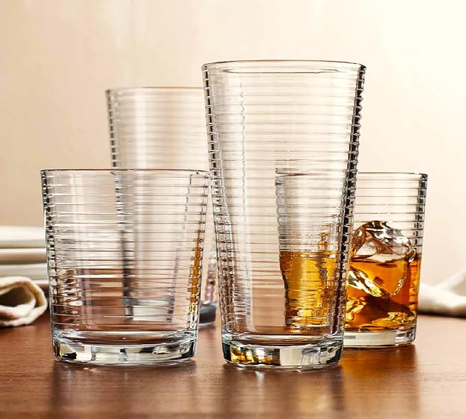 Glaver's Drinking Glasses Set of 12. Everyday Mixed Drinkware Set. 6, 17 oz Tall Kitchen Glass Cups, 6,13 Oz Rocks Whiskey Glasses. Heavy Duty Ribbed Glassware Set for Cocktail Beer, Juice, Water.