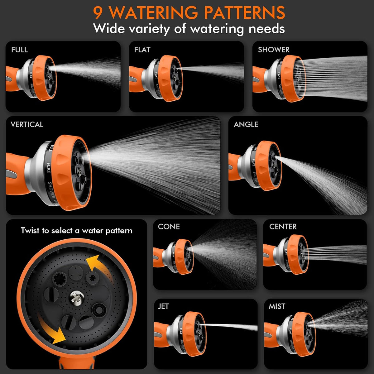 RESTMO Hose Nozzle Heavy Duty, Metal Water Hose Sprayer for Garden, 9 Spray Patterns | High Pressure | Thumb Flow Control | On/Off Valve, Ideal for Lawn & Plant Watering, Car & Pet Washing, Orange