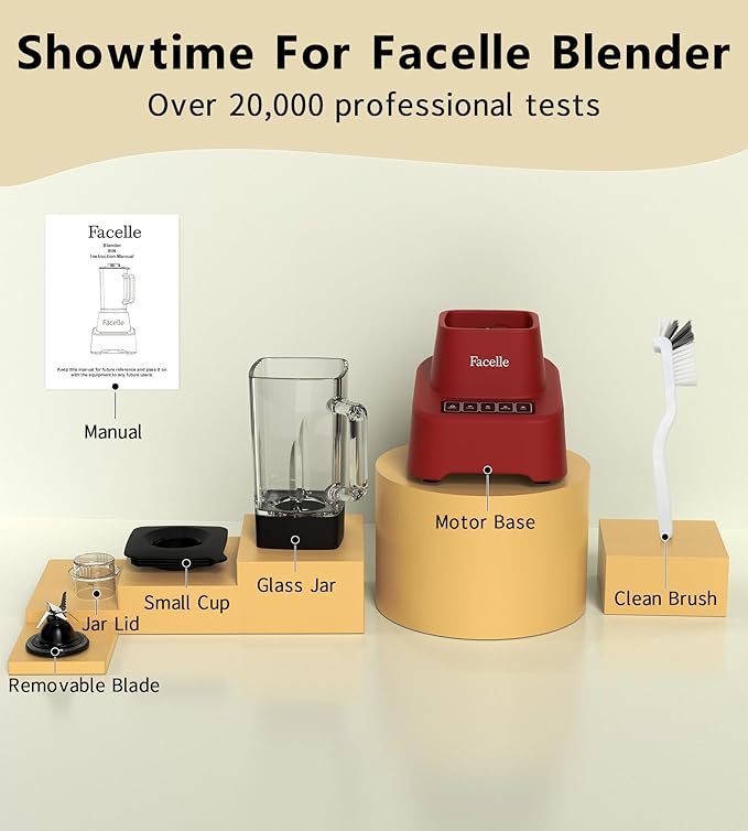Red Smoothie Blender, Facelle Countertop Blender for Kitchen, 55 oz Glass blender for smoothies and Shakes, Licuadora, Smoothie maker with touchscreen 3+P Speeds, Cleaning brush ＆ removable SS blade