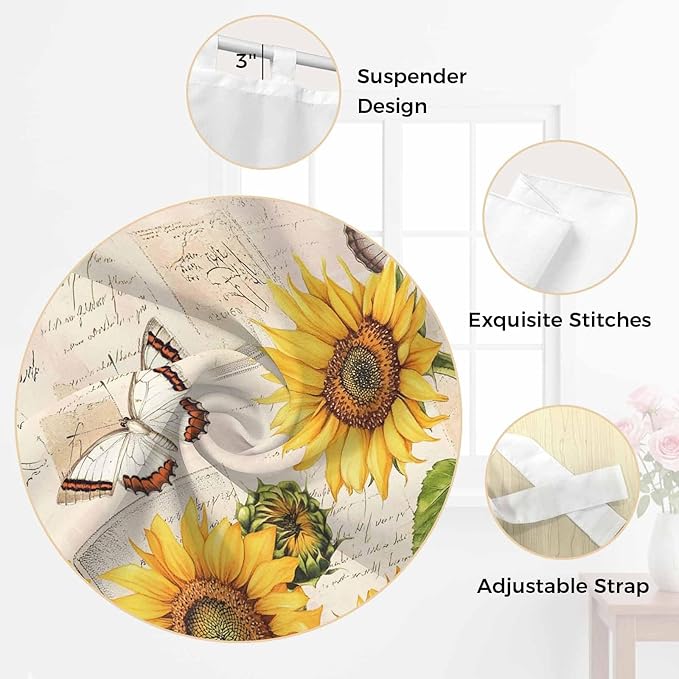 Yellow Sunflowers Living Room Curtains 84 Inch Length, Window Curtains Tab Top, Country Farm Butterfly Flower Light Beige Light Filtering Window Treatments Drapes 42"x84" 2 Panel