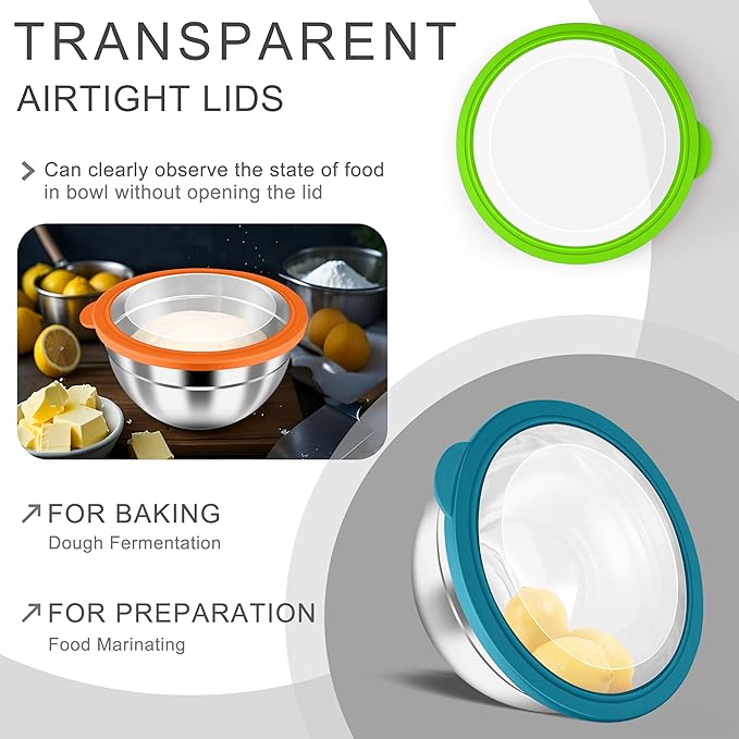 HaWare Mixing Bowls with Airtight Clear Lids, 6-Piece Stainless Steel Strong Nesting Bowls Set, Metal Salad Bowl for Cooking, Prepping, Baking, Serving & Food Storage, Size 4.6, 3, 1.5QT, Colorful