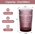 Vintage Glassware Drinking Glasses Set of 6,13 oz Purple Textured Flower Design Glass Water Tumblers，Embossed Striped Drinkware for Water,Cocktails,Juice,Iced Coffee