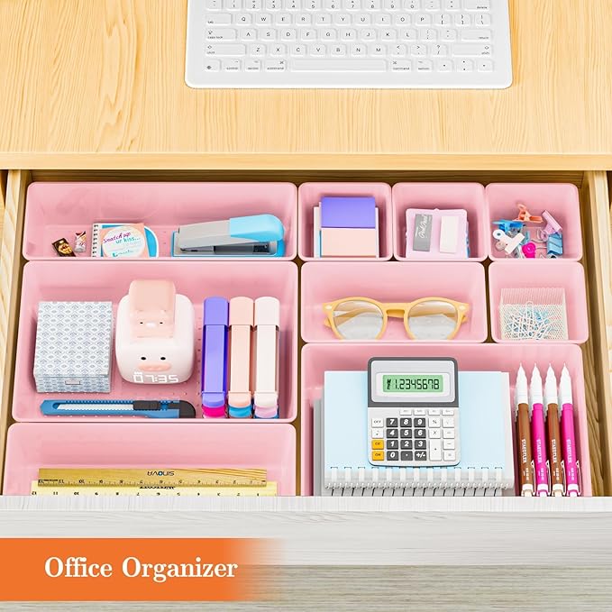 25 PCS Plastic Drawer Organizer Set, 4-Size Versatile Organizer Trays & storage Bins for Makeup, Jewelry, and Gadgets in Bathroom, Bedroom and Office, Pink