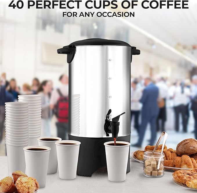 Zulay Commercial Coffee Maker Stainless Steel - Coffee Urn With Twist-Lock Lid & Cool-Touch Handles - Quick-Brewing Coffee Maker With Keep-Warm Mode For Events & Catering - 40 Cup Silver