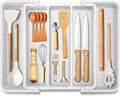 Expandable Large Silverware Organizer, Utensil Drawer Organizer for Kitchen Cutlery, Marble Design， Adjustable Cooking Utensil Tray, Plastic Spatula Tools and Gadgets Storage Divider, White