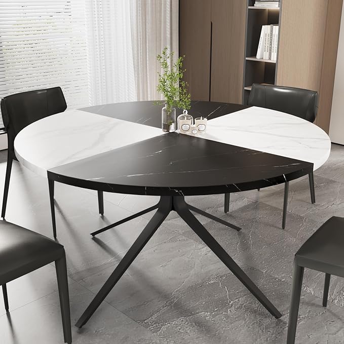 VOWNER Modern Round Dining Table for 4-6 People, 47 Inches Wood Kitchen Table, Dining Room Table with Metal Legs, Circle Coffee Dining Room for Living Room, Home, Apartment, Black and White