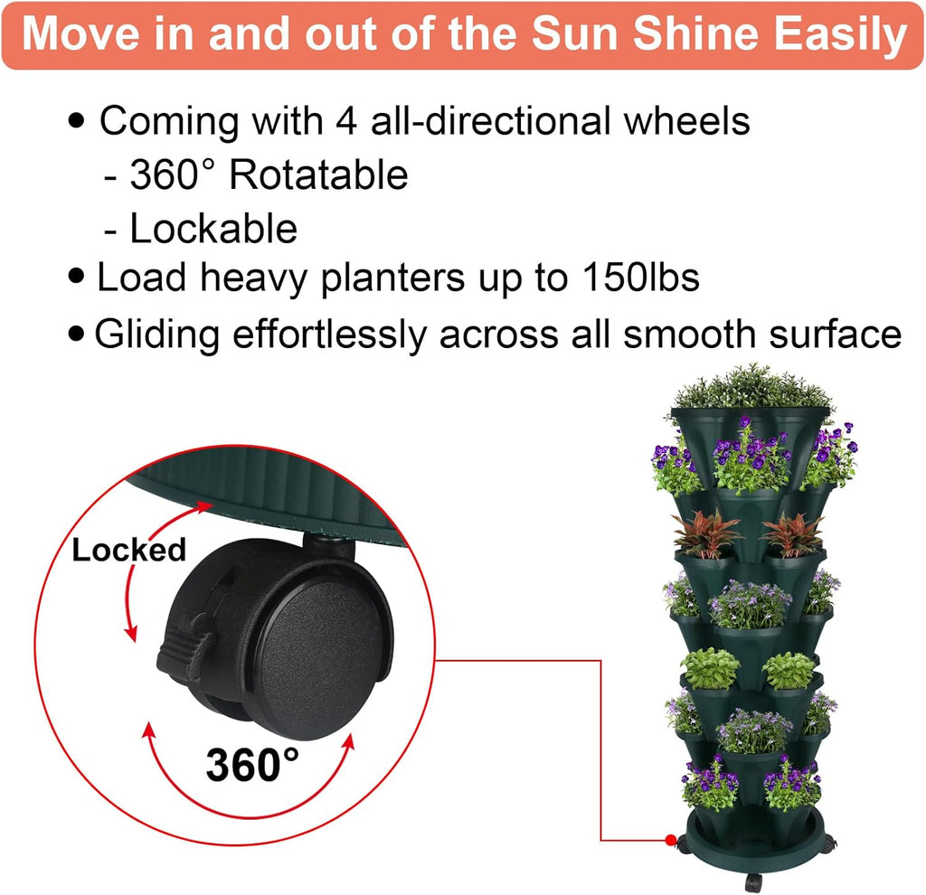 Vertical Planter 7 Tier Stackable Planters Garden Planters Strawberry Herb Flower and Vegetable Planter Indoor Outdoor Gardening Pots with Removable Wheels and Tools 2-Pack