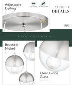 LMS Modern Brushed Nickel 3-Light Cluster Pendant Lights, Mid Century Pendant Lighting with Clear Globe Glass Shade, Adjustable Hanging Cord Ceiling Light for Bathroom Dining Room, LMS-186BNC3