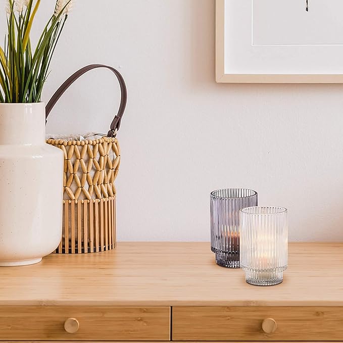 Serene Spaces Living 5in Smoke Ribbed Glass Votive Holder, Decorative Centerpiece for Wedding, Christmas, Thanksgiving, Dining Table, Living Room, Home Décor, 3.25" Diameter & 5" Tall, Pack of 24