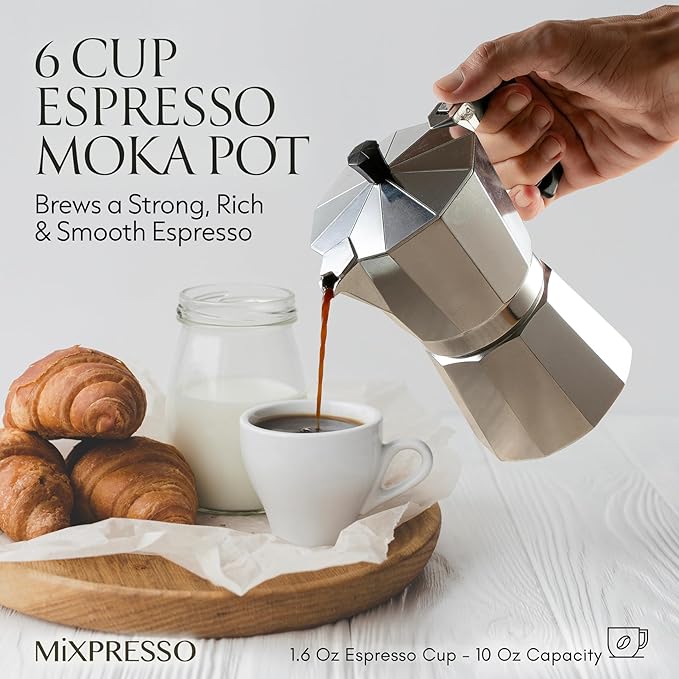 Mixpresso 6 Cup Moka Pot Cuban Coffee Maker, Moka Pot for Gas, Electric Stove Top, Classic Italian Coffee Maker, Stovetop Espresso Maker, Camping Pot Makes 6 Espresso Cup 10 Oz