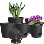 WSMKSZ 7/6.5/6/5.5/5/4 inch Self Watering Pots for Indoor Outdoor Plants, 6 Pack Plastic Flower Planters with Drainage Holes and Removable Saucers, Plant Pots with Wicking Rope, Modern Decor, Black