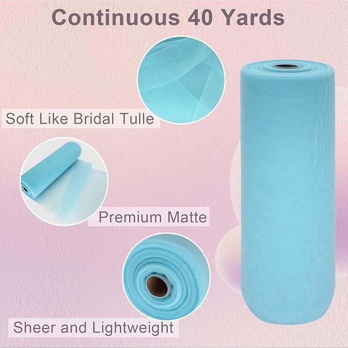 Light Blue Tulle Fabric Roll Spool Bolt (54 Inch by 40 Yards) Large Tulle Wedding Party Decoration, Tutu Skirt, Table Runner, Gift Wrapping, Bridal Shower, Soft & Drape (Baby Blue)