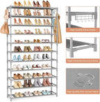 11 Tiers Tall Wide Shoe Rack 55 Pairs Large Capacity Sturdy Durable Shoe Rack for Closet Metal Shoe Organizer Shelf with Two Hooks Space Saving for Entryway Grey