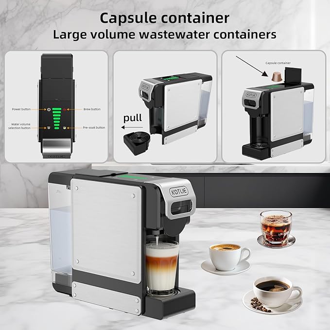 KOTLIE ST-550 Single Serve Coffee Maker, Espresso Capsule Coffee Maker for K*cup capsule/Ne*s Original/Dol*e Gu*to and Ground Coffee, 19Bar, 1L, Compact（Black）