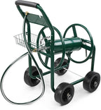 VINGLI 4-Wheel Garden Hose Reel Cart with Storage Basket, Portable Residential Hose Reel Cart, Lawn Watering, for Garden Backyard and Farm (Green)