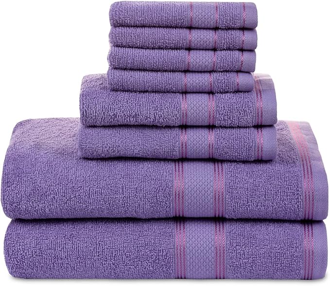 Casa Lino Bath Towel Set of 8 (2 Bath Towels, 4 Wash Cloths & 2 Hand Towels for Bathroom) - 100% Cotton - Highly Absorbent & Quick Dry - Guest Room Essentials for Bathroom Set - (Purple)
