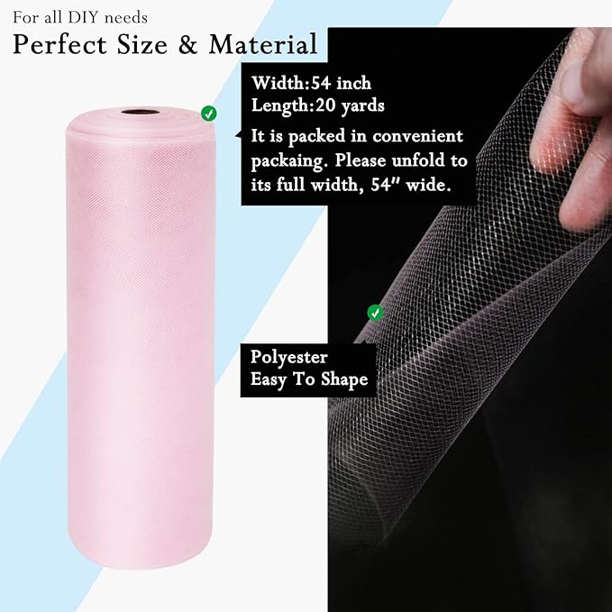 Light Pink Tulle Fabric Rolls 54 Inch by 20 Yards Tulle Bolt Spool for Wedding Decorations DIY Tutu Baby Shower Table Skirt Ceiling Decor Birthday Party Craft Supplies
